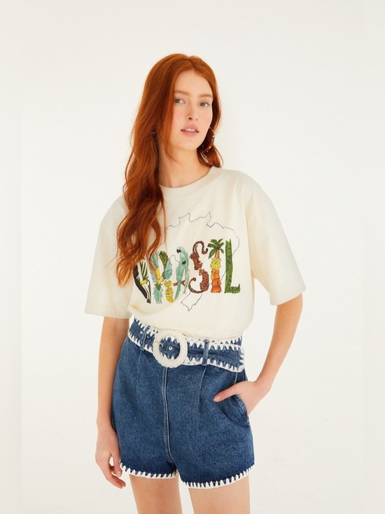 FARM Rio Pants - FARM RIO Denim Crochet Embroidery Belted Shorts